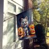 White Pomeranian Puppy Halloween House Flag Large Porch Sleeve Pole Decorative Outside Yard Banner Artwork Wall Hanging, Polyester, House Size