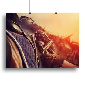 Saddle with stirrups on a back of a horse Canvas Print or Poster (Type: Poster Print, size: 40" x 26" / 100cm x 65cm (approx))